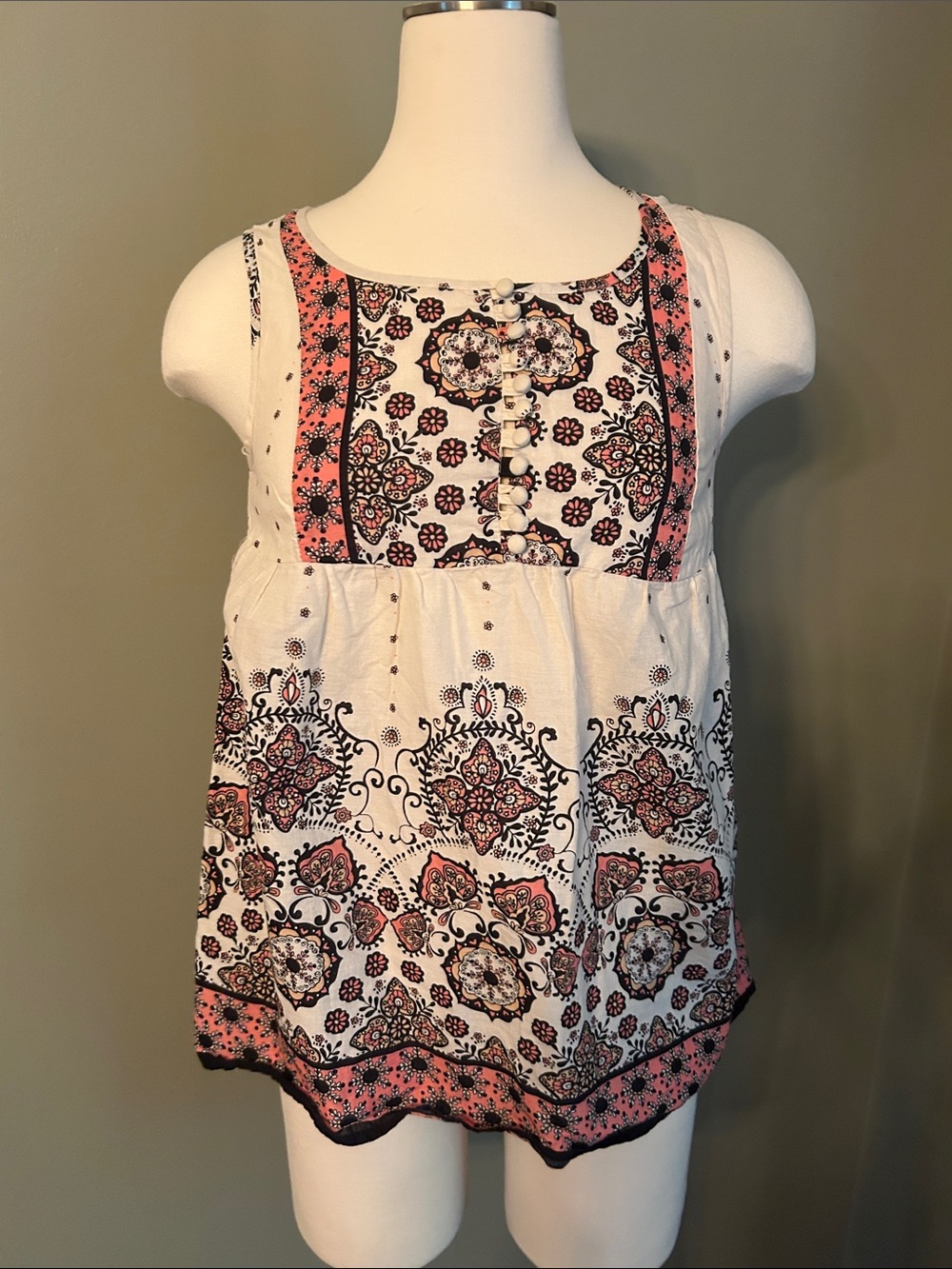 Forever 21 White Camisole with Pink and Black Boho Print